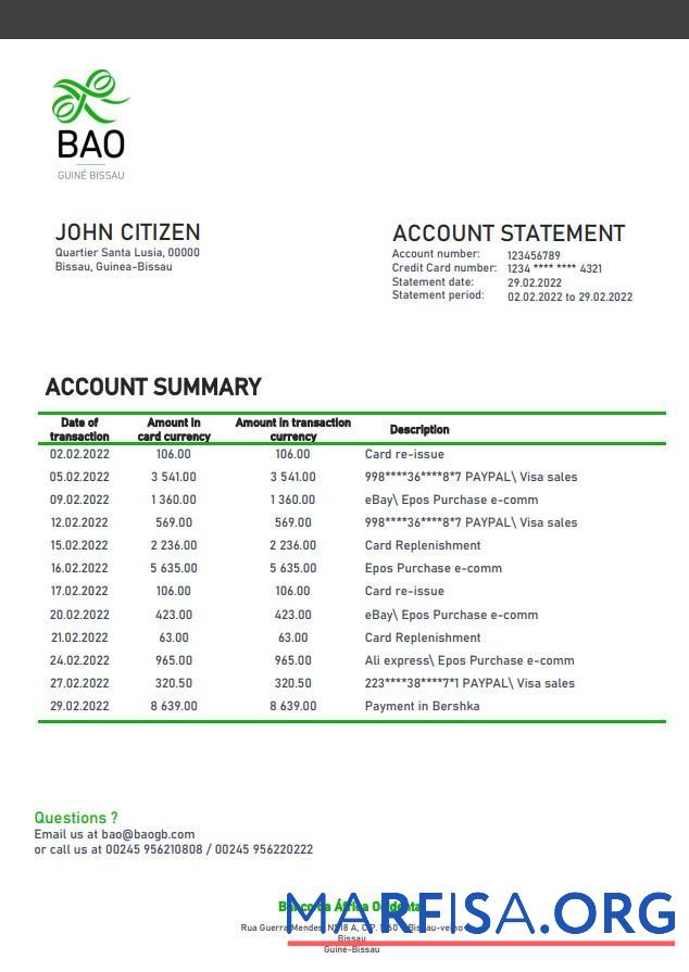 Blank Guinea Bissau Banco da Africa Ocidental bank statement word download for verification
